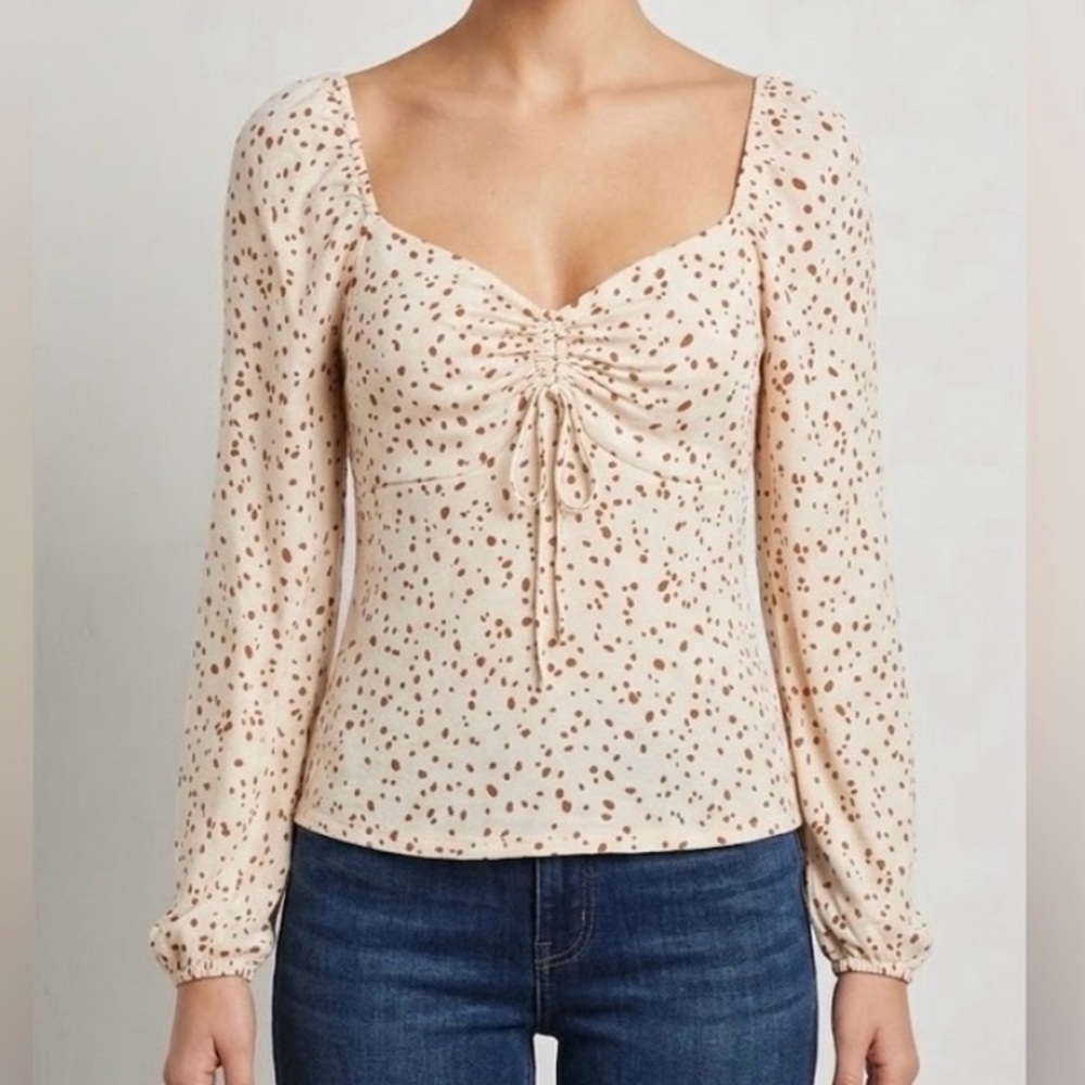 Cream Long-Sleeve Dot Ruched Tie Front Top DR2